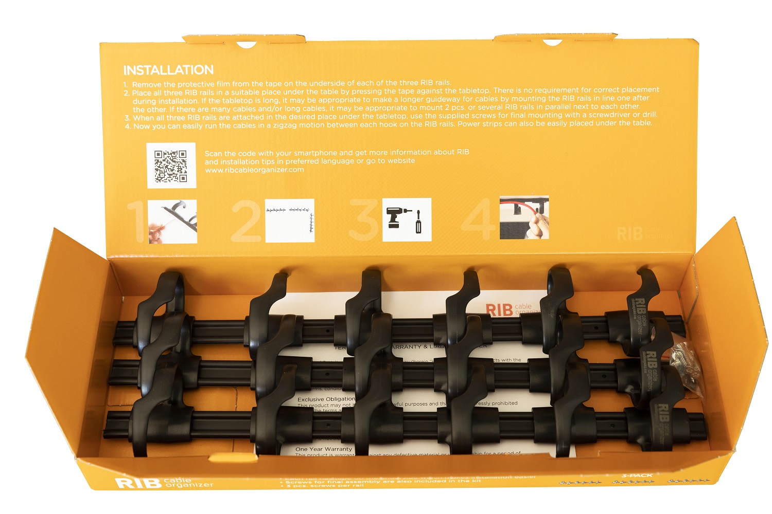  Kenson 3 Pack Rib Under Desk Cable Management - Black
